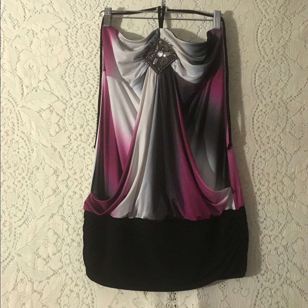 TRIXXI THREE PINK HEARTS BLING HALTER TOP